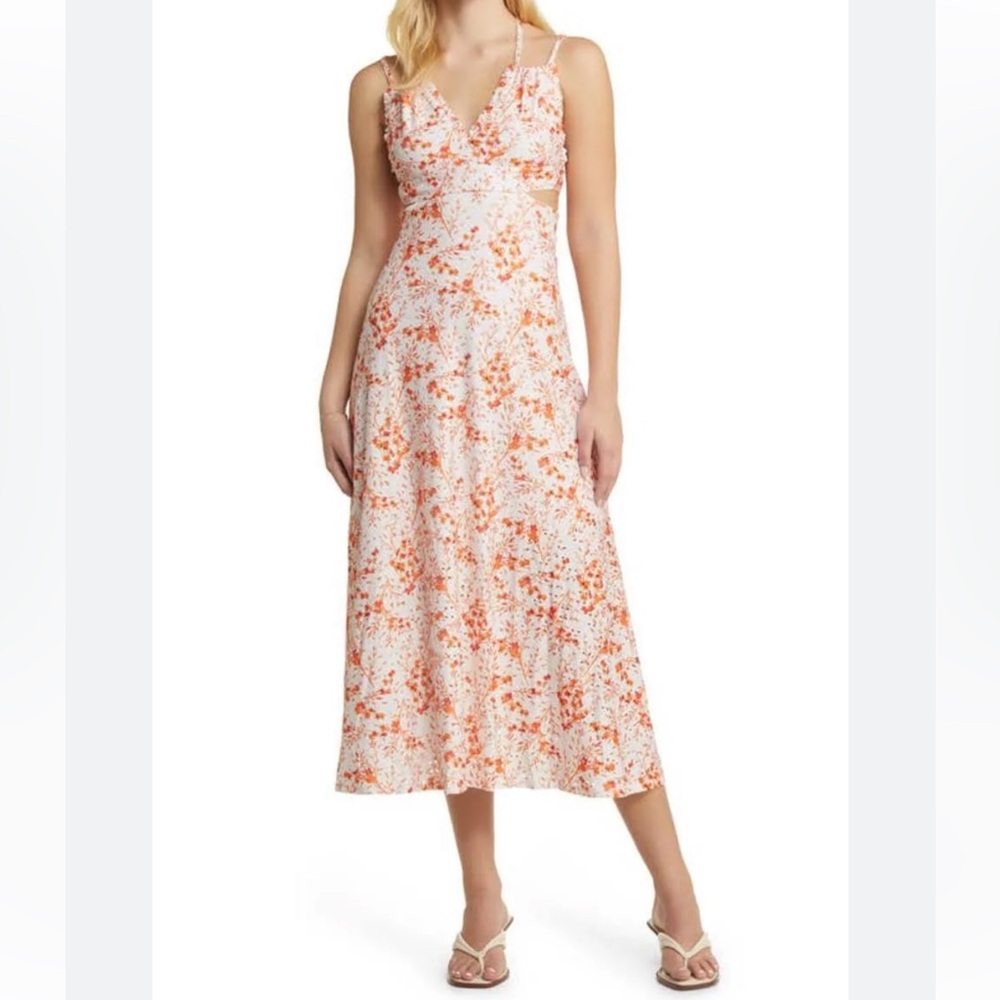 Topshop Eyelet Jersey V Neck Midi Dress Floral tropical orange Cut Out 14 NWT